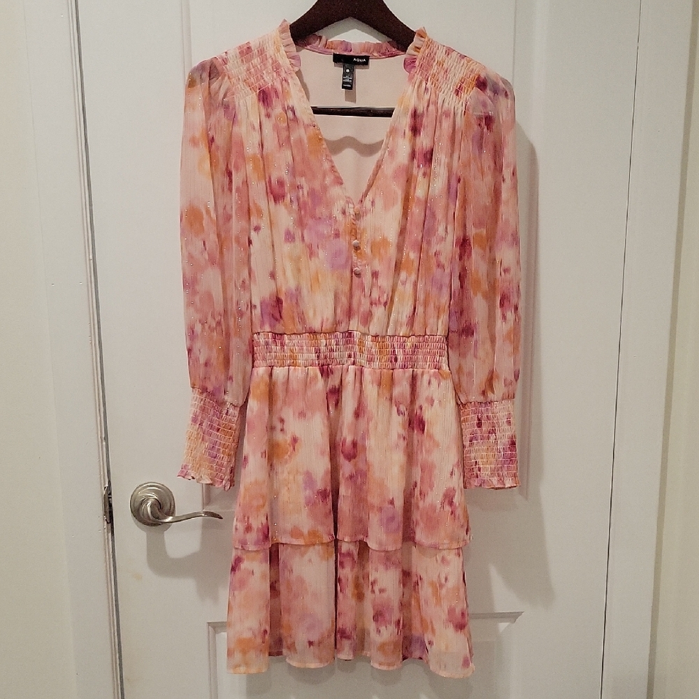 Aqua Pink and Orange Ruffled Tiered Long Sleeve Dress - Picture 2 of 10